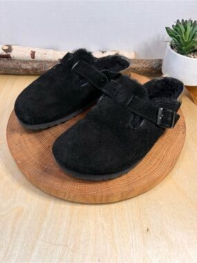 Birkenstock Boston Black Suede Shearling Lined Clogs Size 38 Narrow
